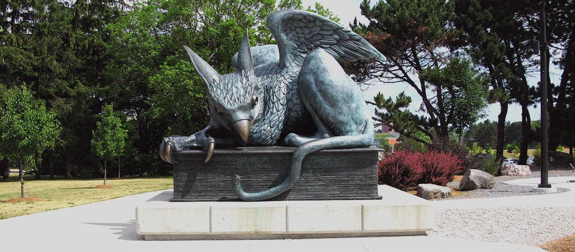 Gryphon statue located at the corner of Stone Rd and Gordon St
